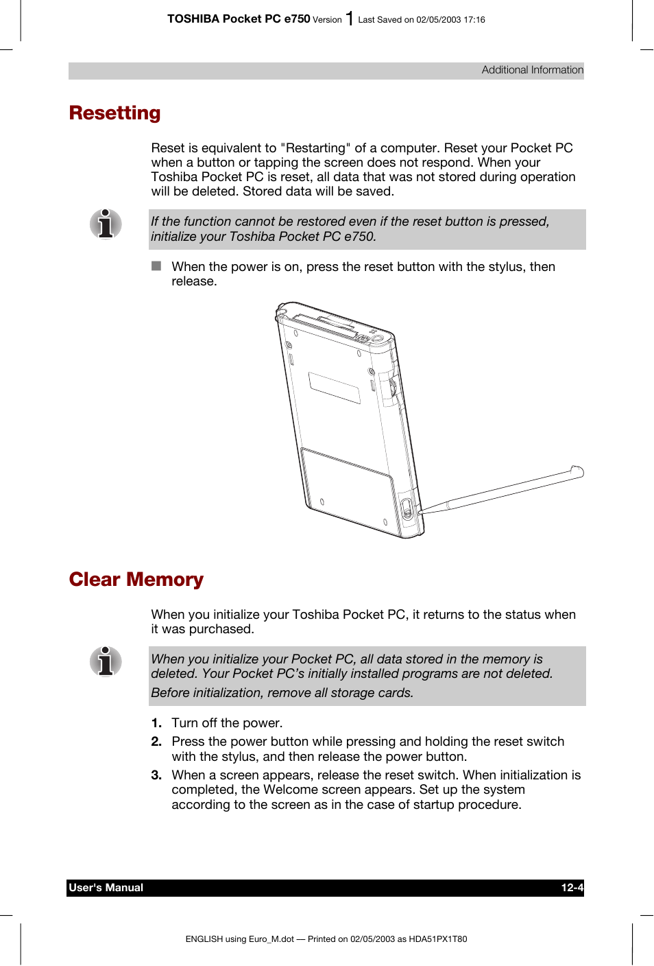 Resetting, Clear memory | Toshiba Pocket PC e750 User Manual | Page 188 / 215