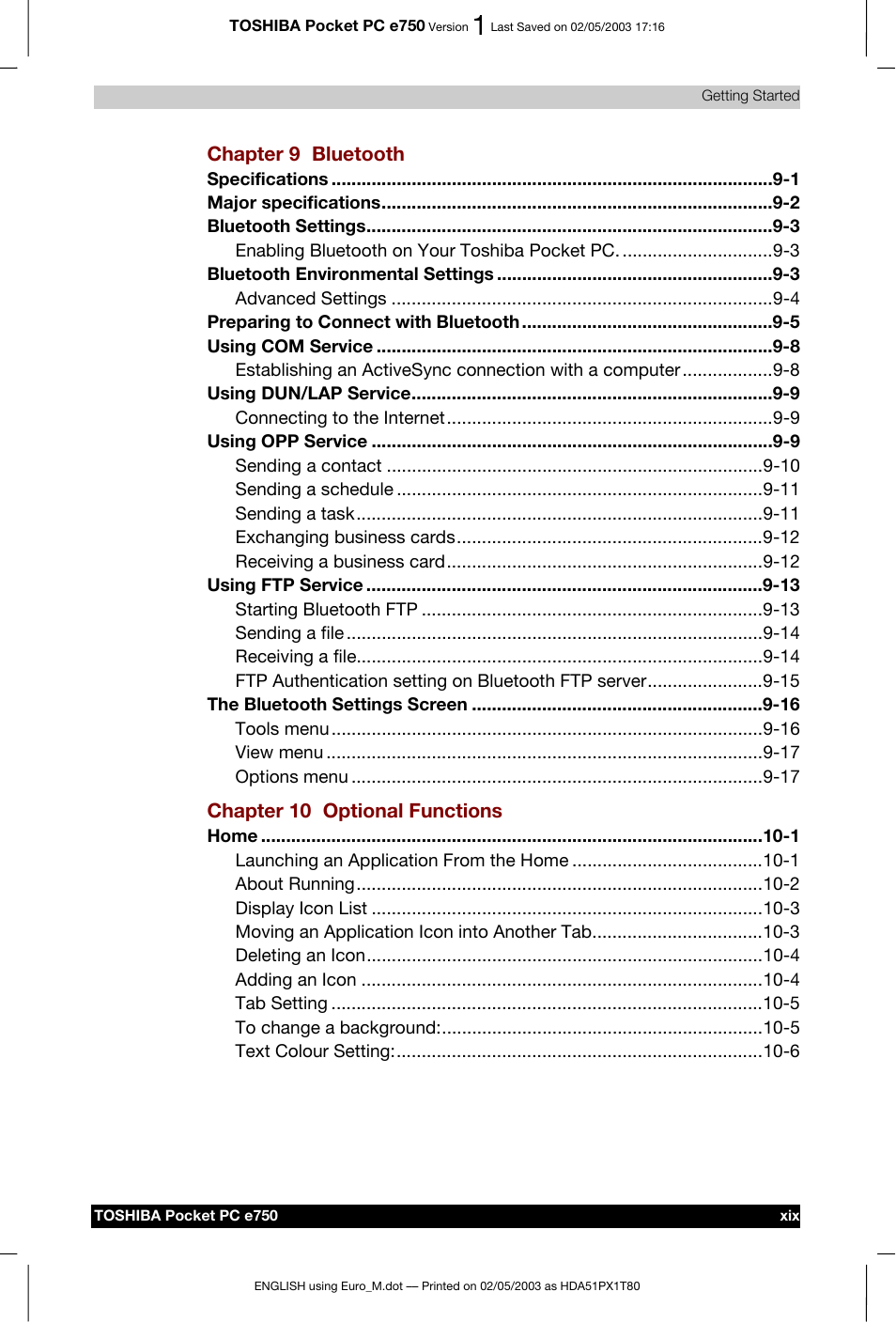 Toshiba Pocket PC e750 User Manual | Page 19 / 215