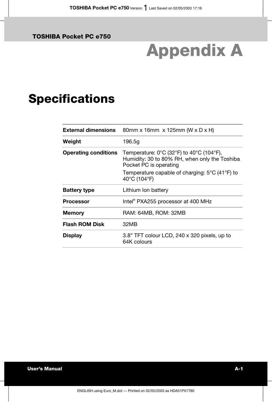 Appendix a specifications, Appendix a, Specifications | Toshiba Pocket PC e750 User Manual | Page 190 / 215