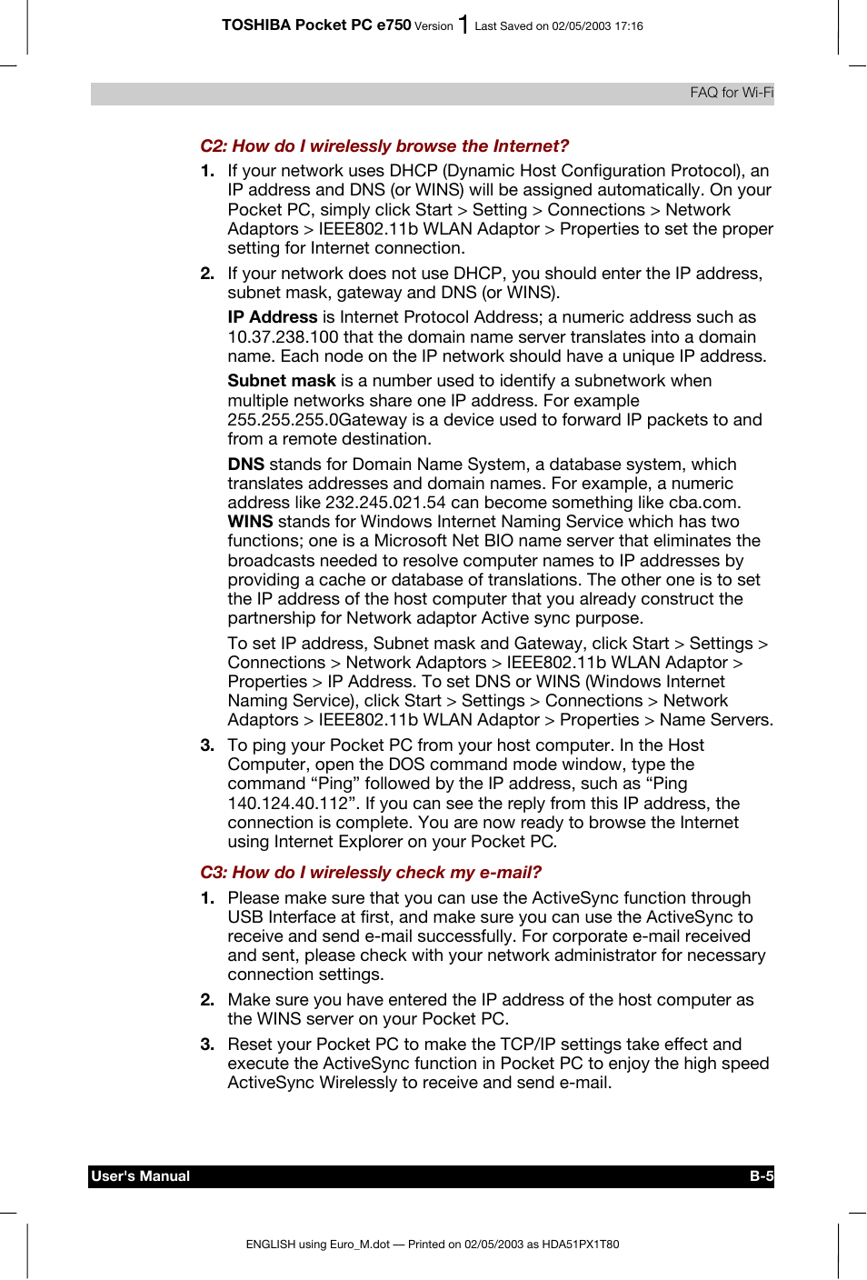 Toshiba Pocket PC e750 User Manual | Page 196 / 215