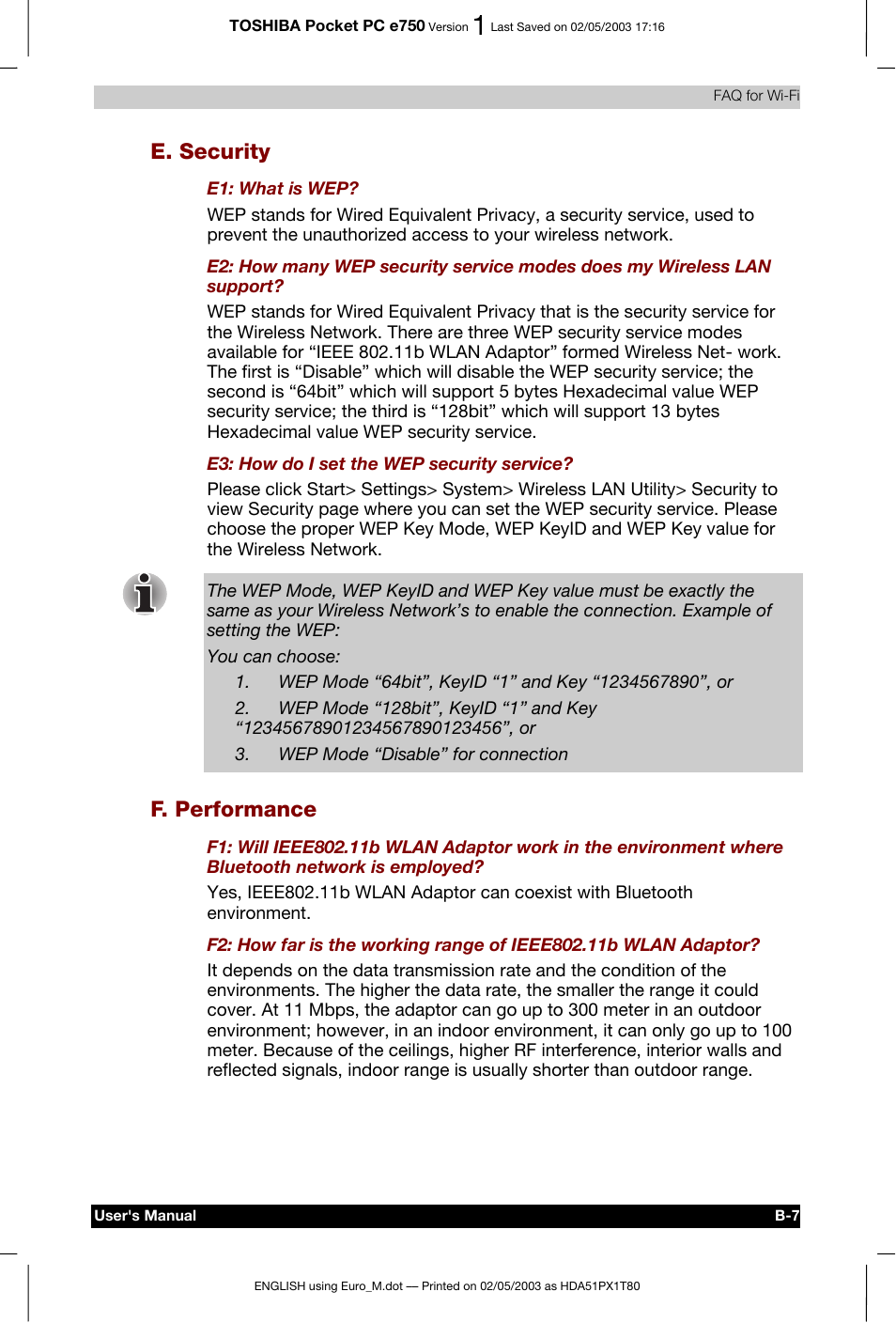 E. security, F. performance | Toshiba Pocket PC e750 User Manual | Page 198 / 215