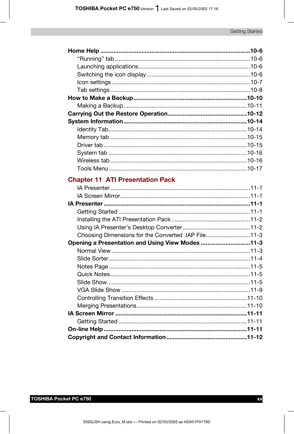 Toshiba Pocket PC e750 User Manual | Page 20 / 215