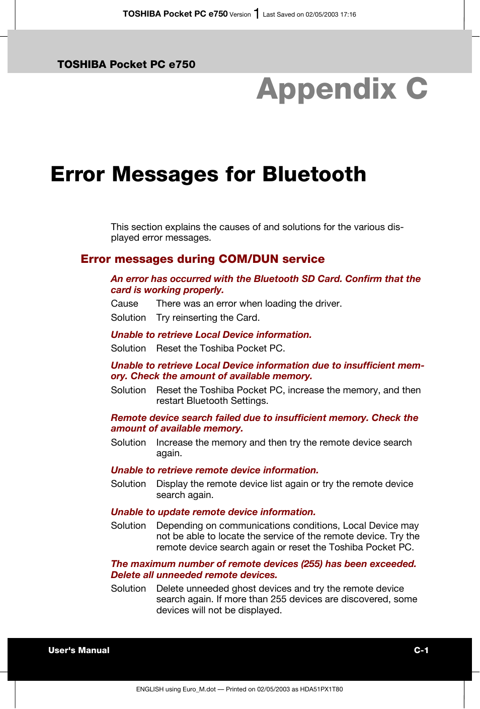 Appendix c error messages for bluetooth, Appendix c, Error messages for bluetooth | Toshiba Pocket PC e750 User Manual | Page 200 / 215