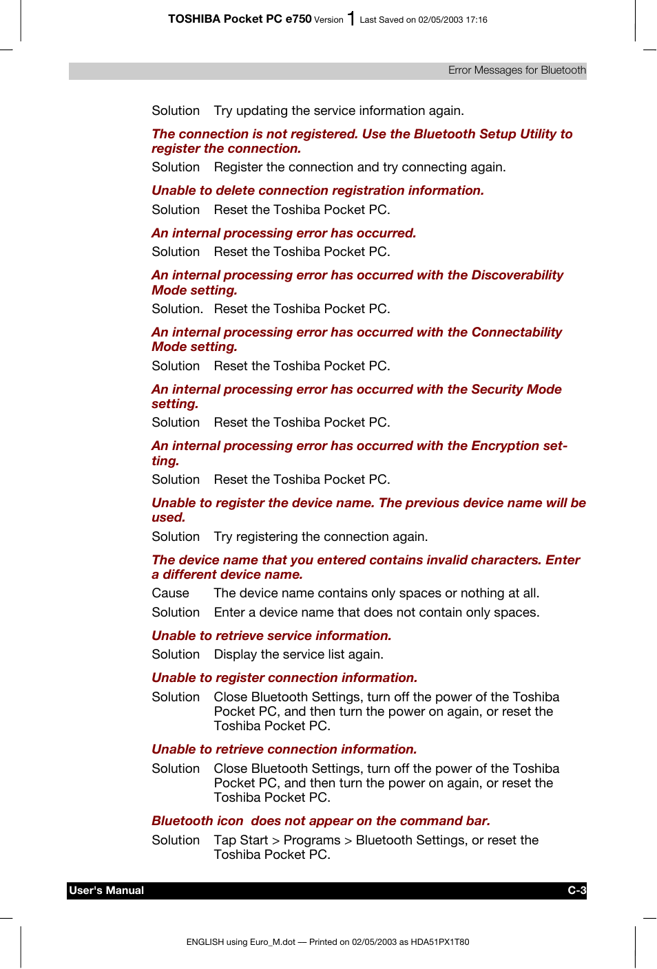 Toshiba Pocket PC e750 User Manual | Page 202 / 215