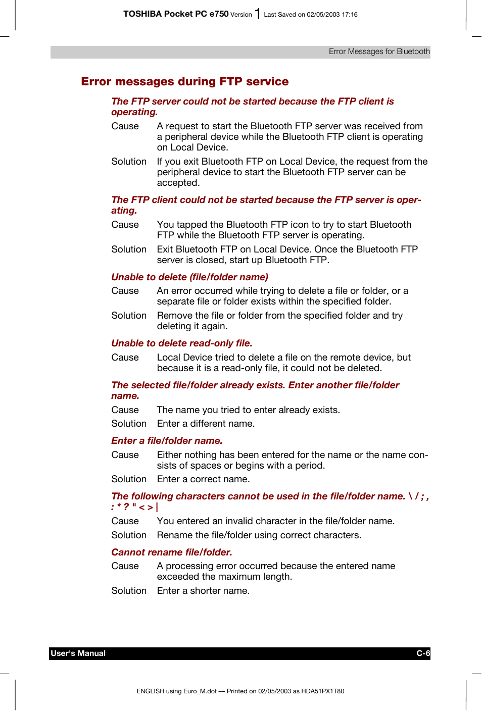 Error messages during ftp service | Toshiba Pocket PC e750 User Manual | Page 205 / 215