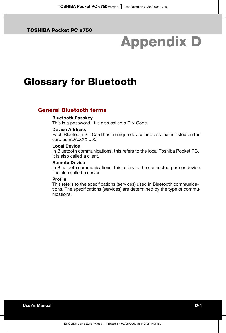 Appendix d glossary for bluetooth, Appendix d, Glossary for bluetooth | Toshiba Pocket PC e750 User Manual | Page 208 / 215