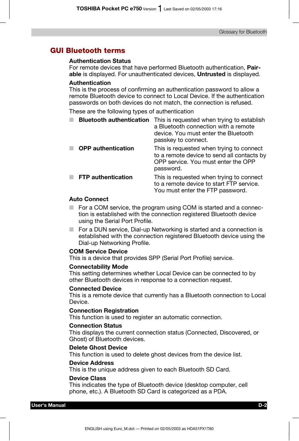 Gui bluetooth terms | Toshiba Pocket PC e750 User Manual | Page 209 / 215