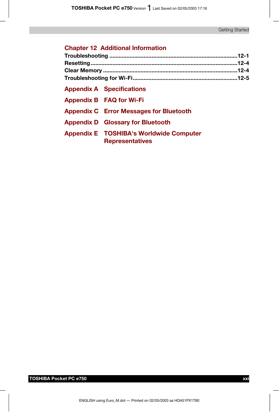 Toshiba Pocket PC e750 User Manual | Page 21 / 215