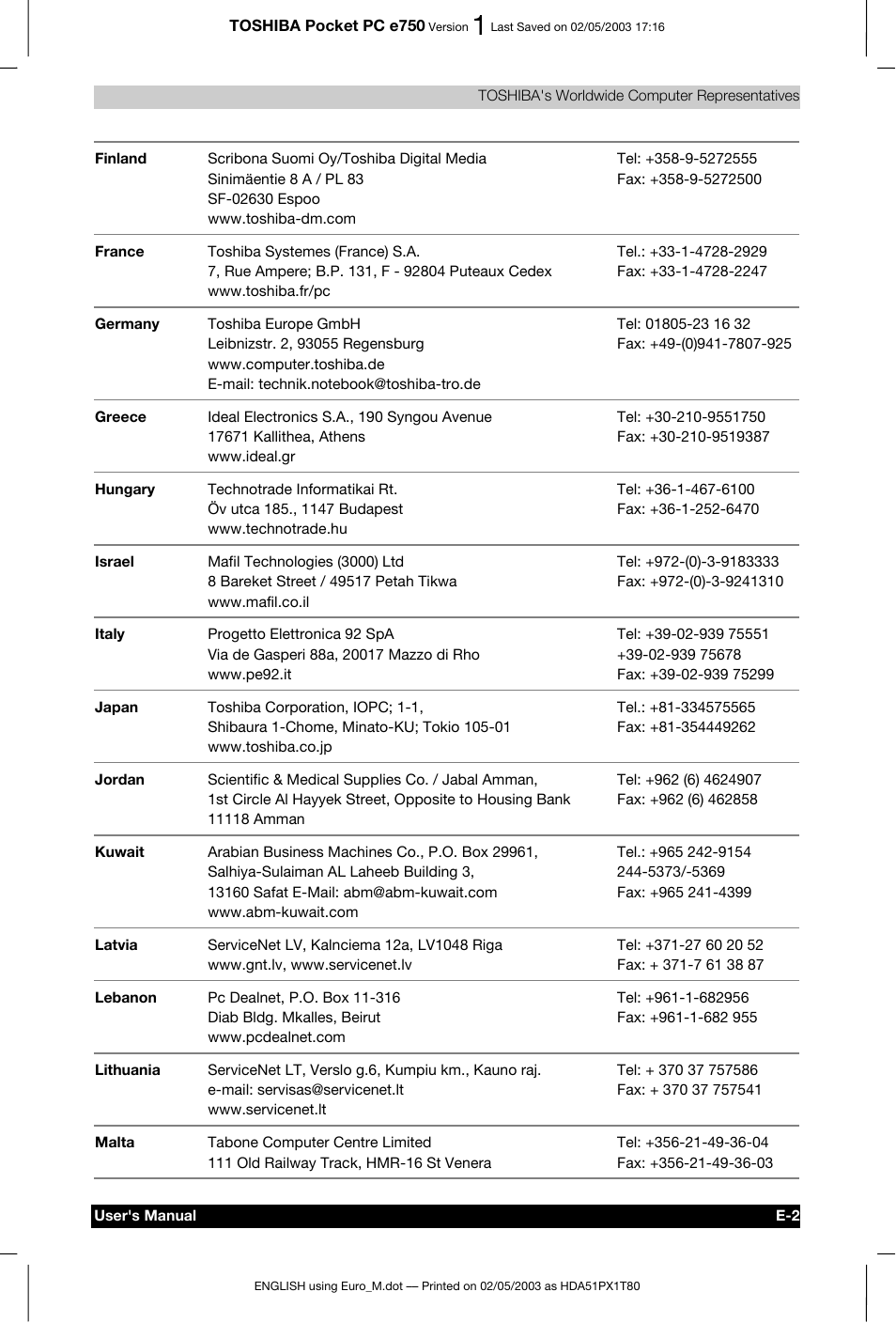 Toshiba Pocket PC e750 User Manual | Page 212 / 215