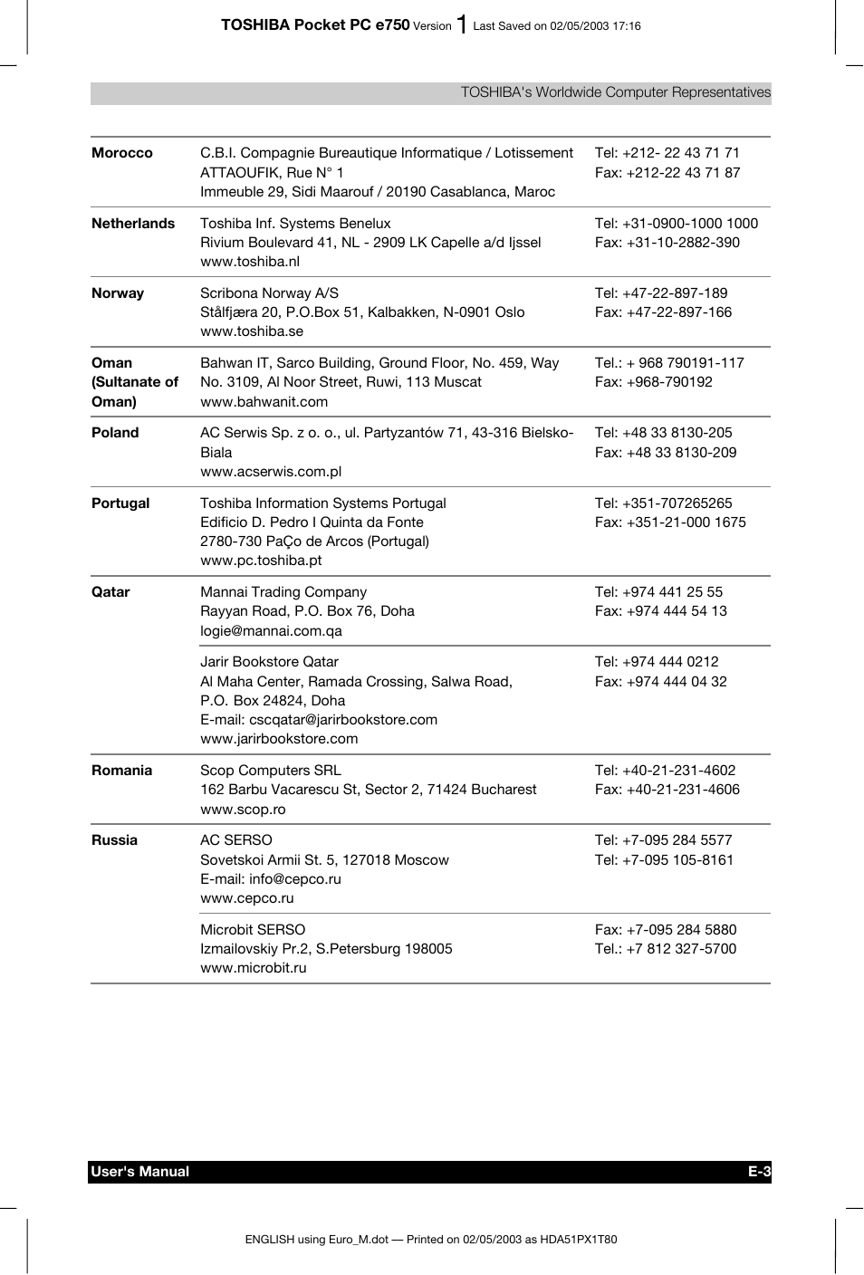 Toshiba Pocket PC e750 User Manual | Page 213 / 215