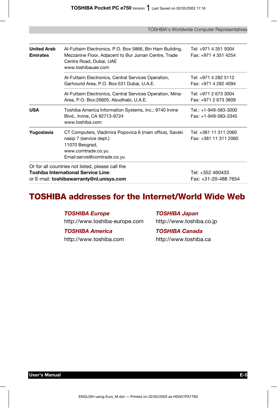 Toshiba addresses for the internet/world wide web | Toshiba Pocket PC e750 User Manual | Page 215 / 215