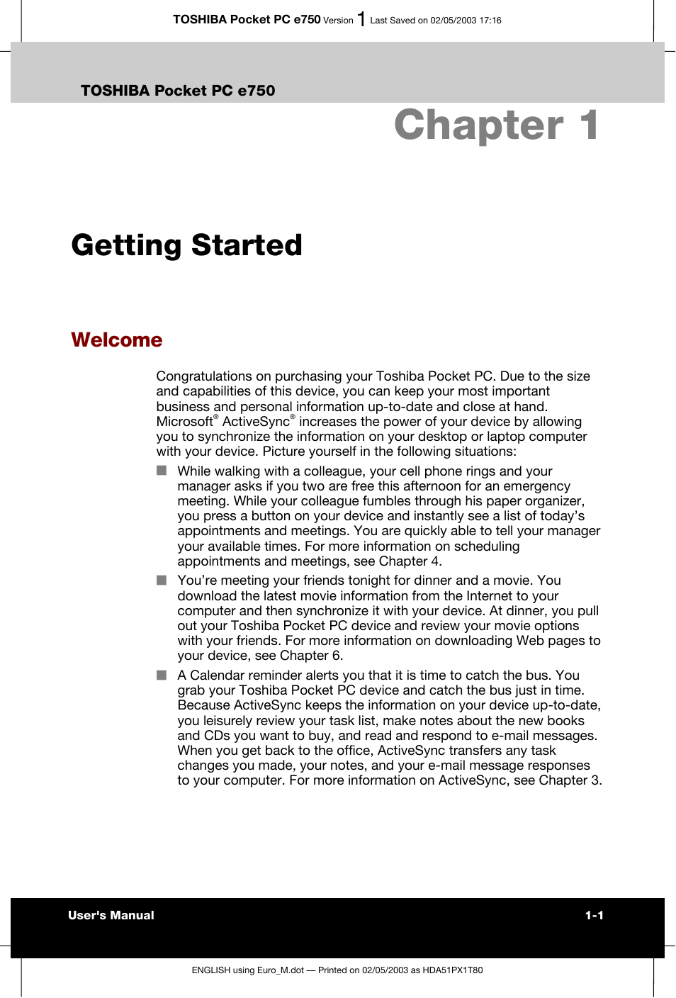 Chapter 1 getting started, Welcome, Chapter 1 | Getting started | Toshiba Pocket PC e750 User Manual | Page 22 / 215