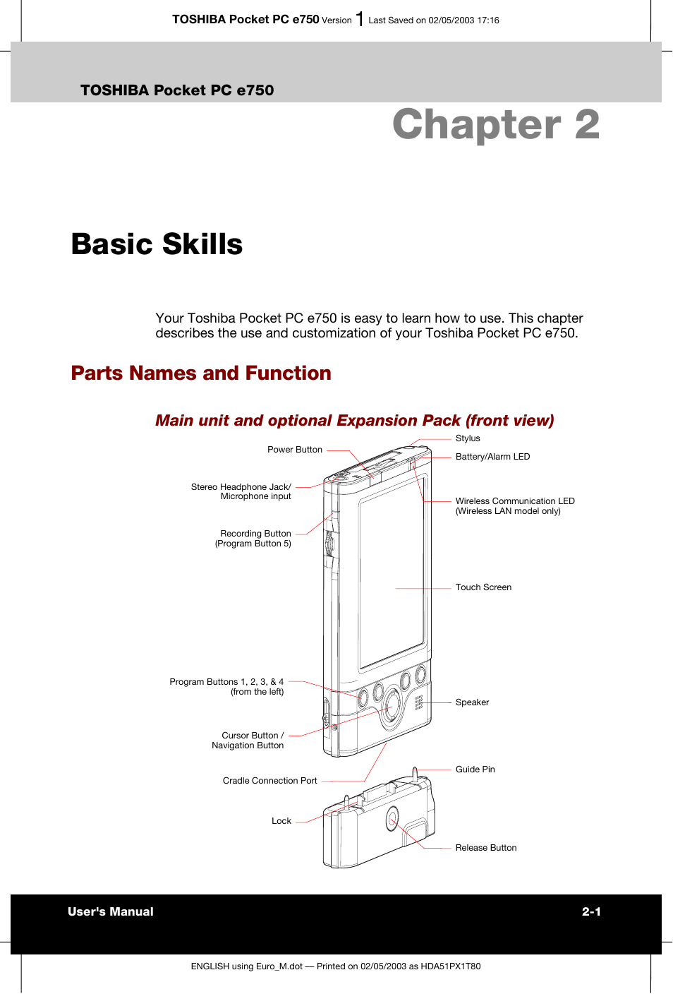 Chapter 2 basic skills, Parts names and function, Chapter 2 | Basic skills, Main unit and optional expansion pack (front view), Toshiba pocket pc e750 | Toshiba Pocket PC e750 User Manual | Page 24 / 215