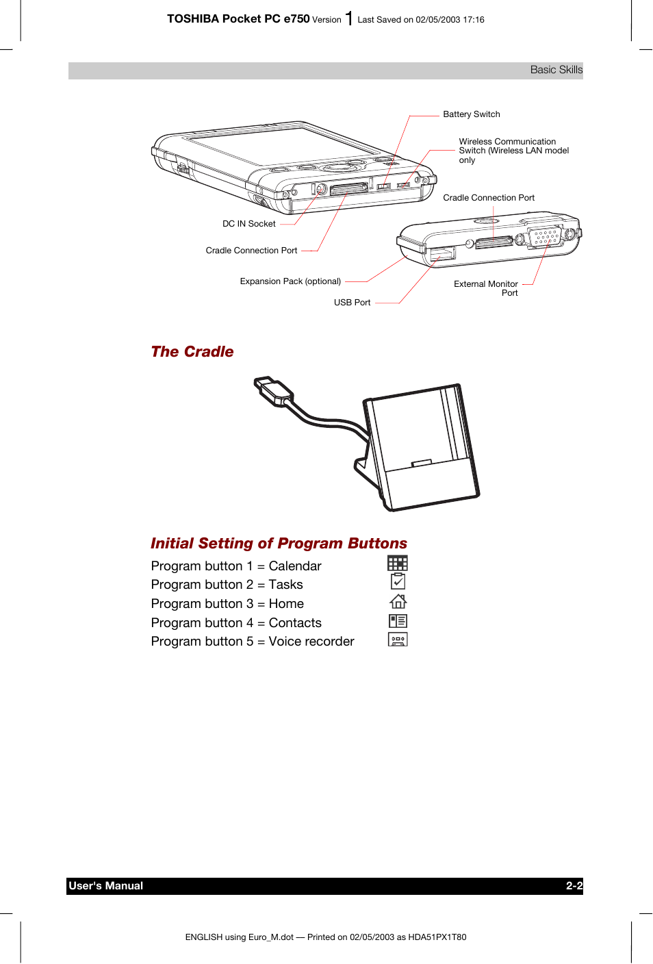The cradle, Initial setting of program buttons | Toshiba Pocket PC e750 User Manual | Page 25 / 215