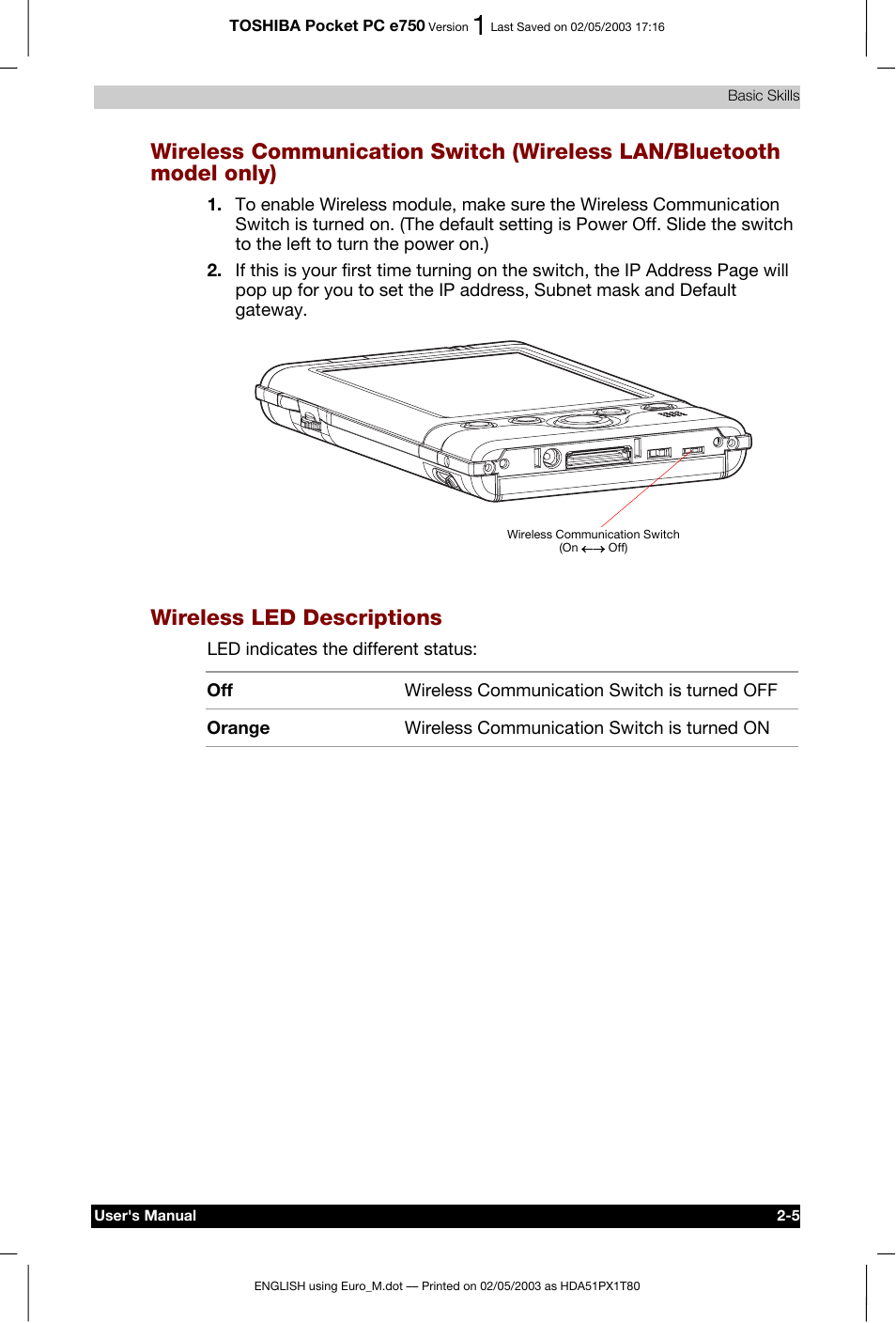 Wireless led descriptions | Toshiba Pocket PC e750 User Manual | Page 28 / 215