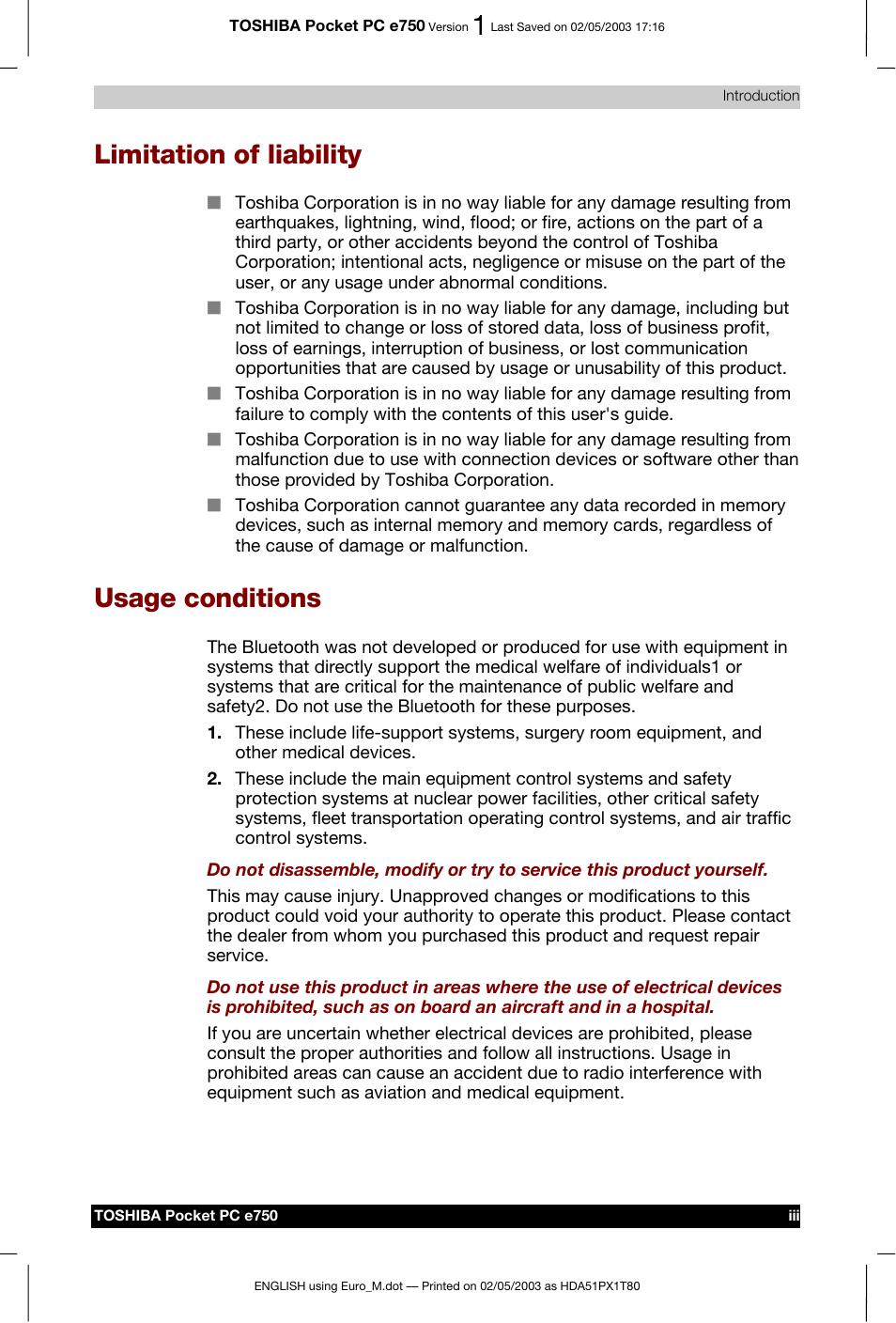 Limitation of liability, Usage conditions | Toshiba Pocket PC e750 User Manual | Page 3 / 215