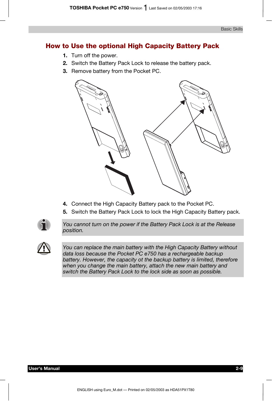 How to use the optional high capacity battery pack | Toshiba Pocket PC e750 User Manual | Page 32 / 215