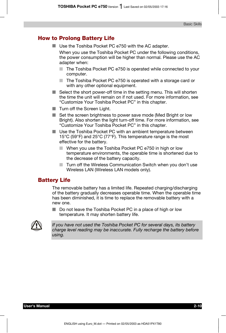 How to prolong battery life, Battery life | Toshiba Pocket PC e750 User Manual | Page 33 / 215