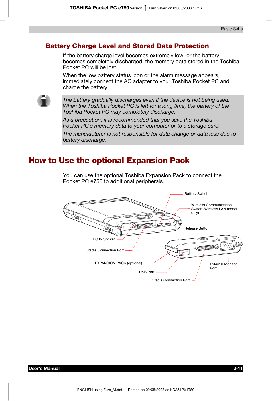 How to use the optional expansion pack, Battery charge level and stored data protection | Toshiba Pocket PC e750 User Manual | Page 34 / 215