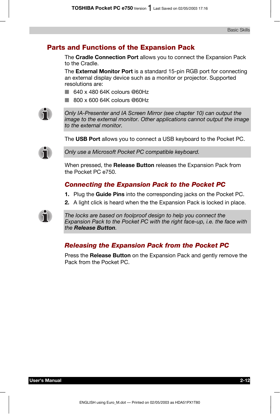 Parts and functions of the expansion pack, Connecting the expansion pack to the pocket pc, Releasing the expansion pack from the pocket pc | Toshiba Pocket PC e750 User Manual | Page 35 / 215