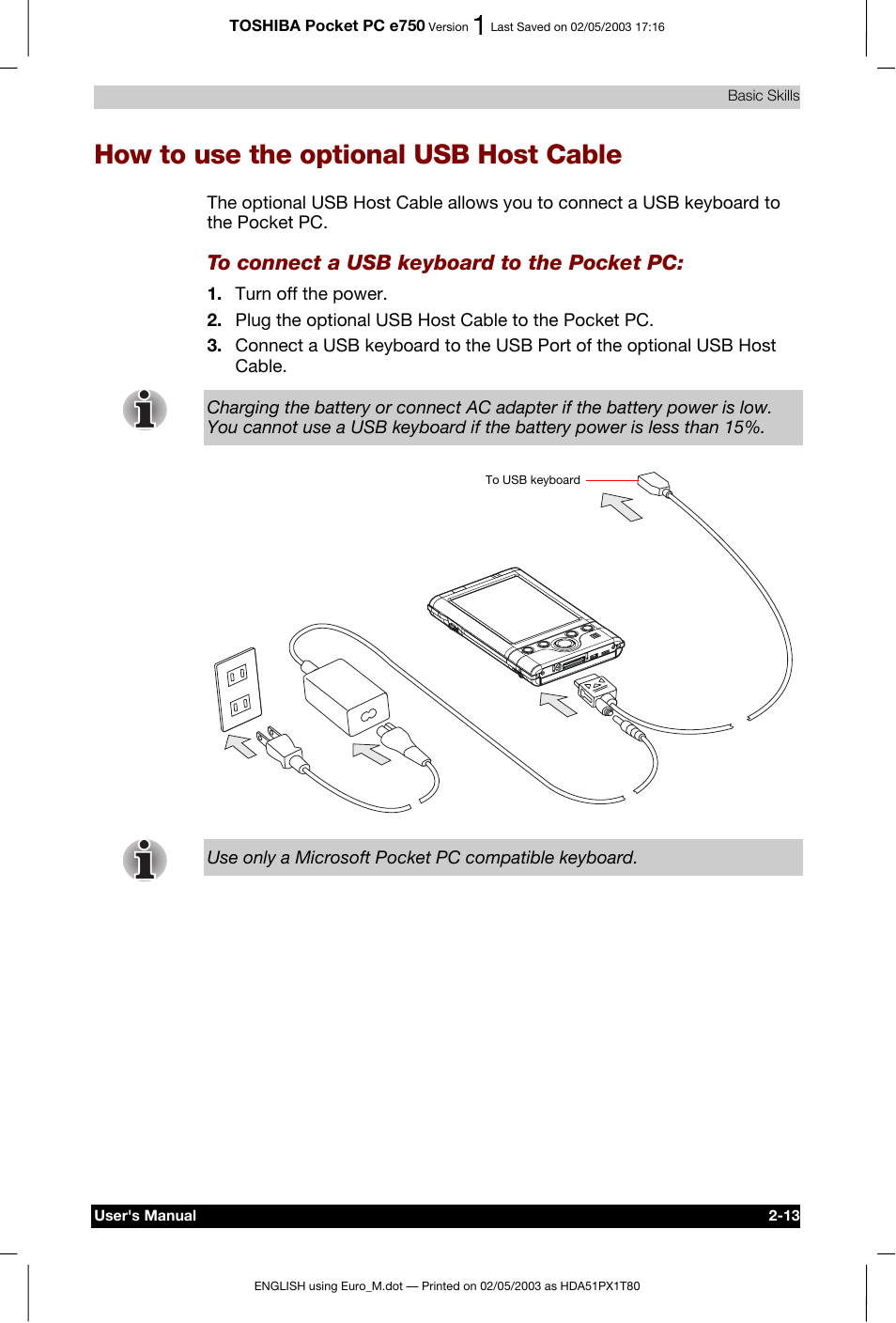 How to use the optional usb host cable | Toshiba Pocket PC e750 User Manual | Page 36 / 215