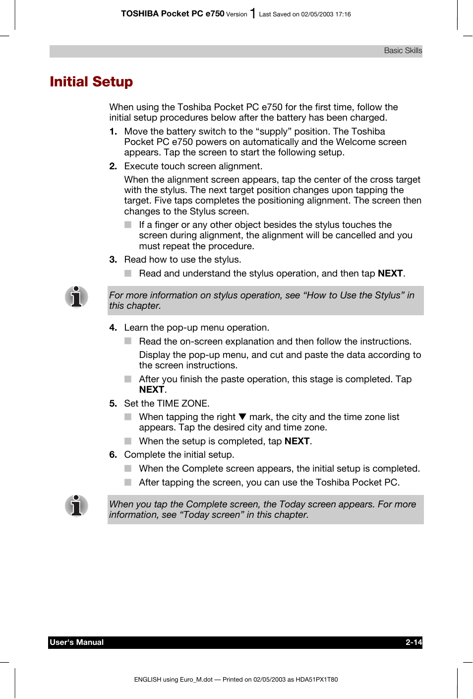 Initial setup | Toshiba Pocket PC e750 User Manual | Page 37 / 215