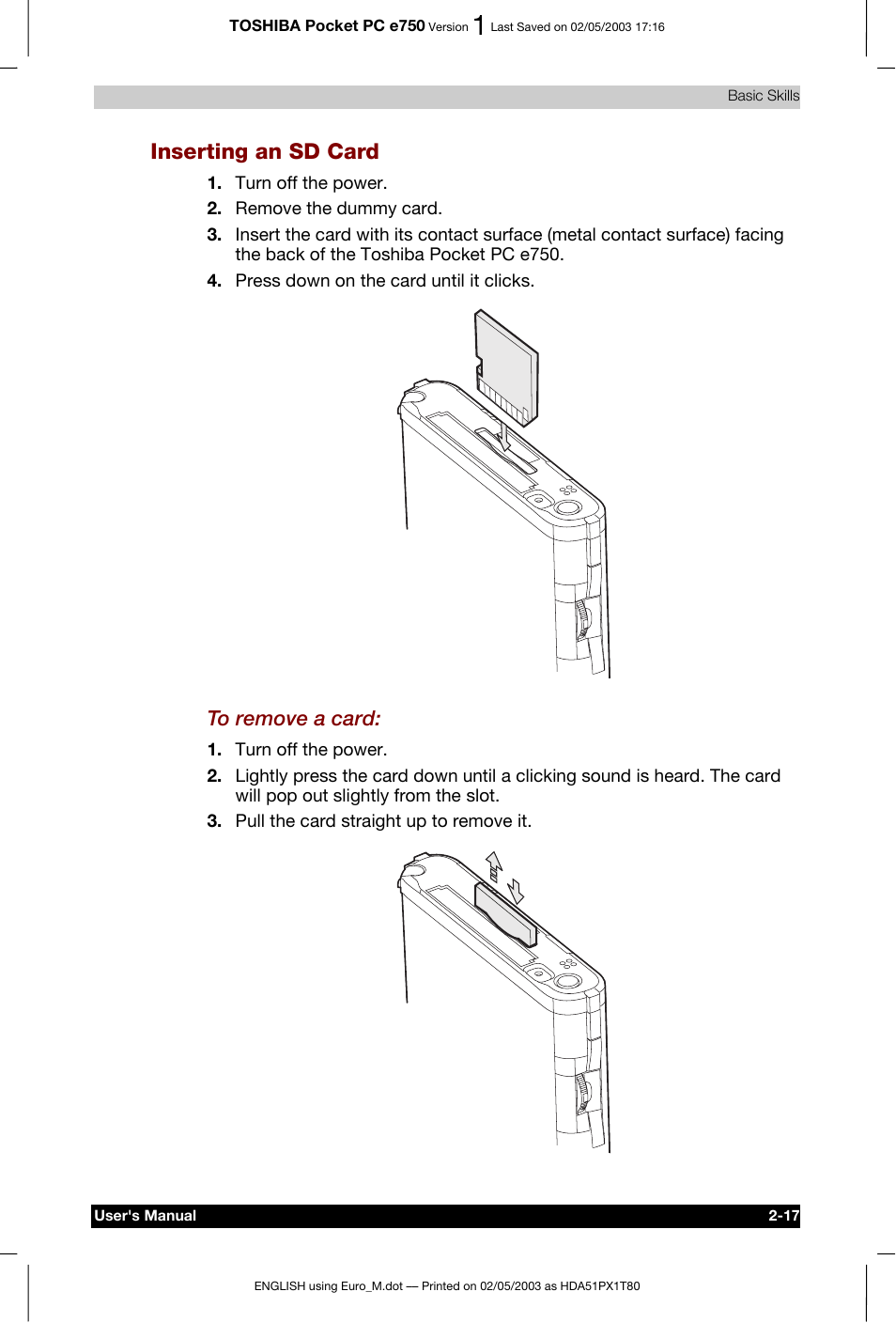 Inserting an sd card | Toshiba Pocket PC e750 User Manual | Page 40 / 215