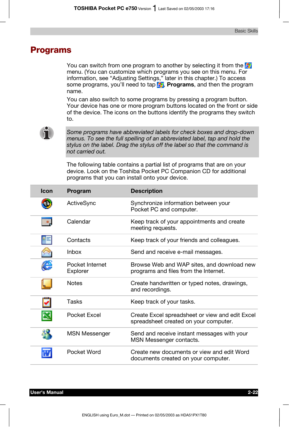 Programs | Toshiba Pocket PC e750 User Manual | Page 45 / 215