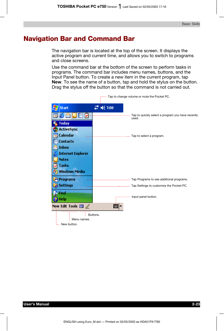 Navigation bar and command bar | Toshiba Pocket PC e750 User Manual | Page 46 / 215