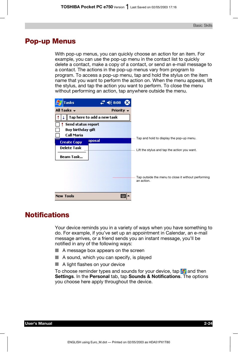 Pop-up menus, Notifications | Toshiba Pocket PC e750 User Manual | Page 47 / 215