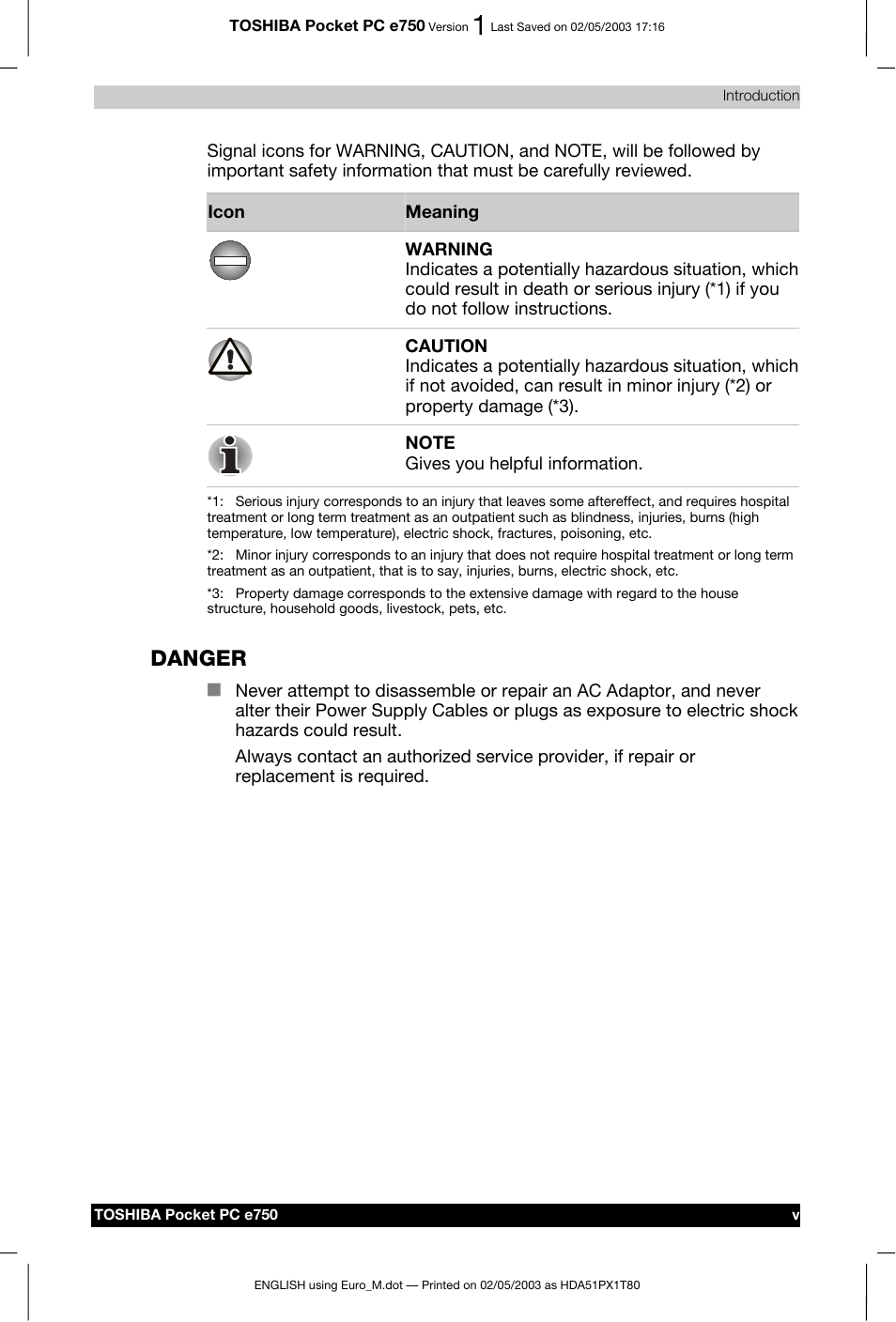 Danger | Toshiba Pocket PC e750 User Manual | Page 5 / 215