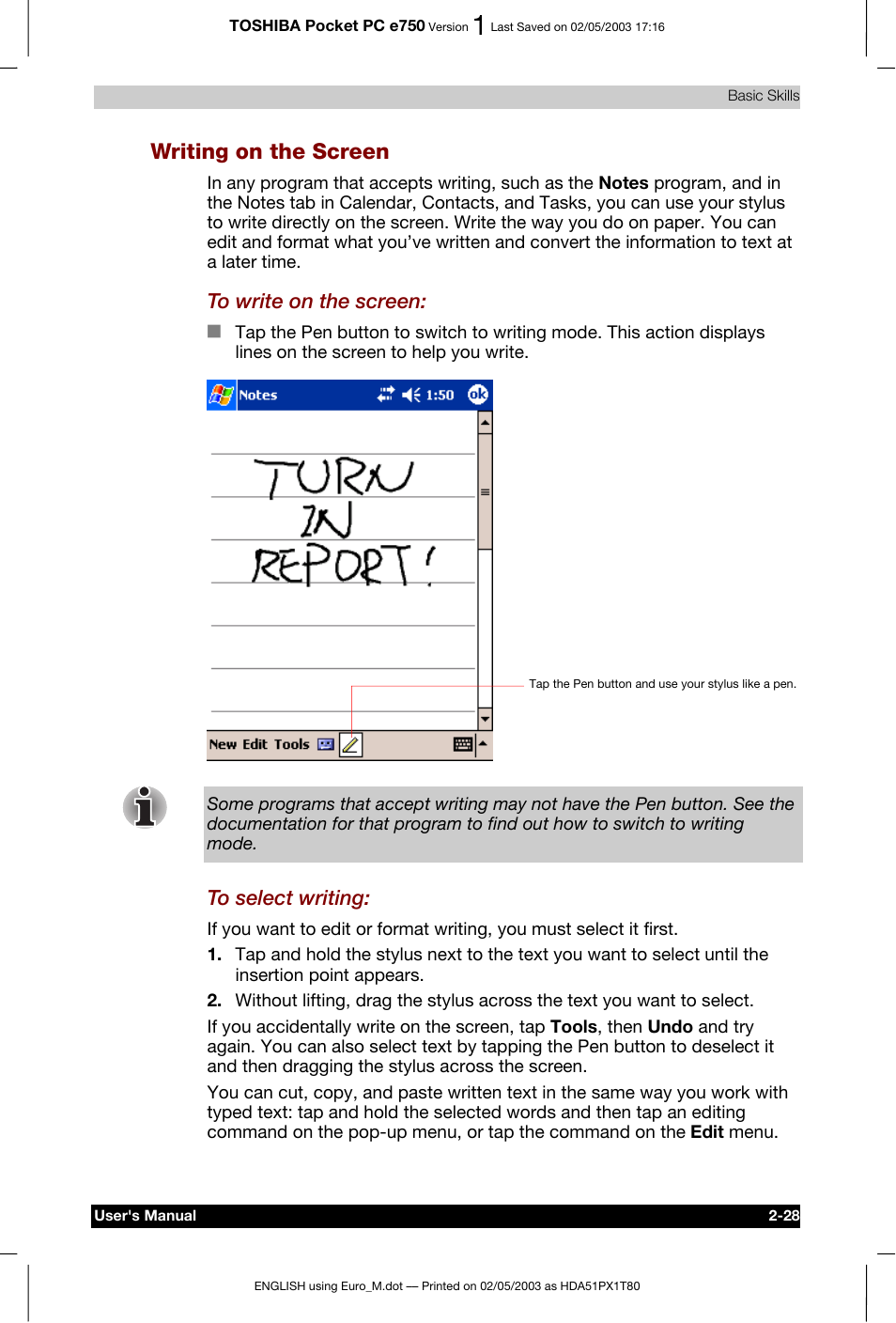 Writing on the screen | Toshiba Pocket PC e750 User Manual | Page 51 / 215