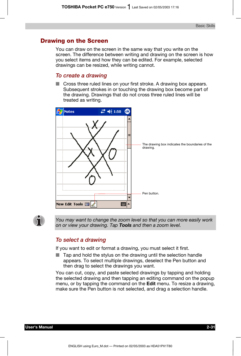 Drawing on the screen | Toshiba Pocket PC e750 User Manual | Page 54 / 215