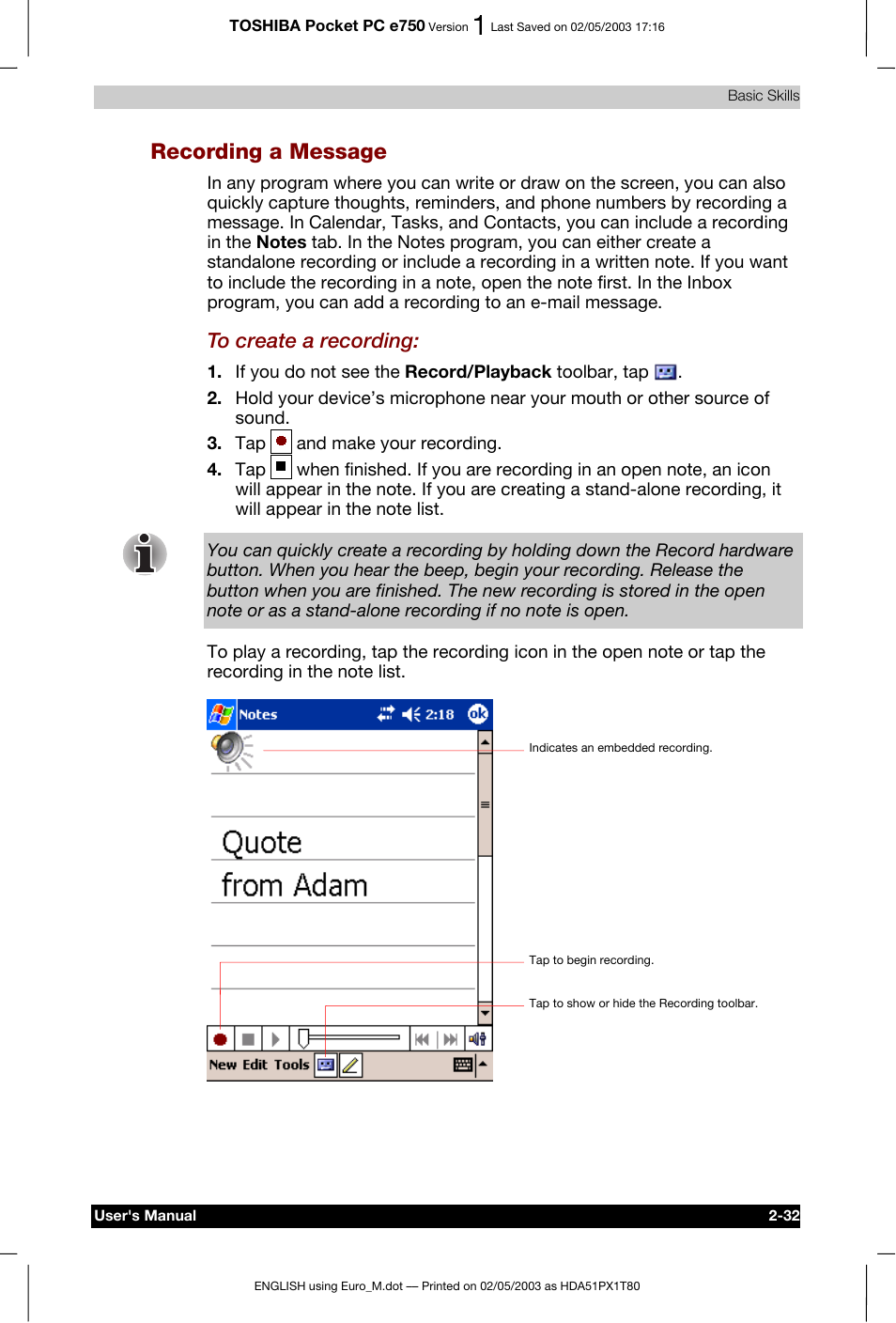 Recording a message | Toshiba Pocket PC e750 User Manual | Page 55 / 215