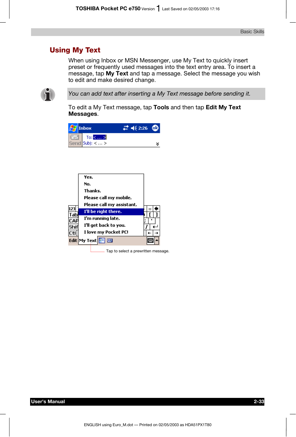 Using my text | Toshiba Pocket PC e750 User Manual | Page 56 / 215