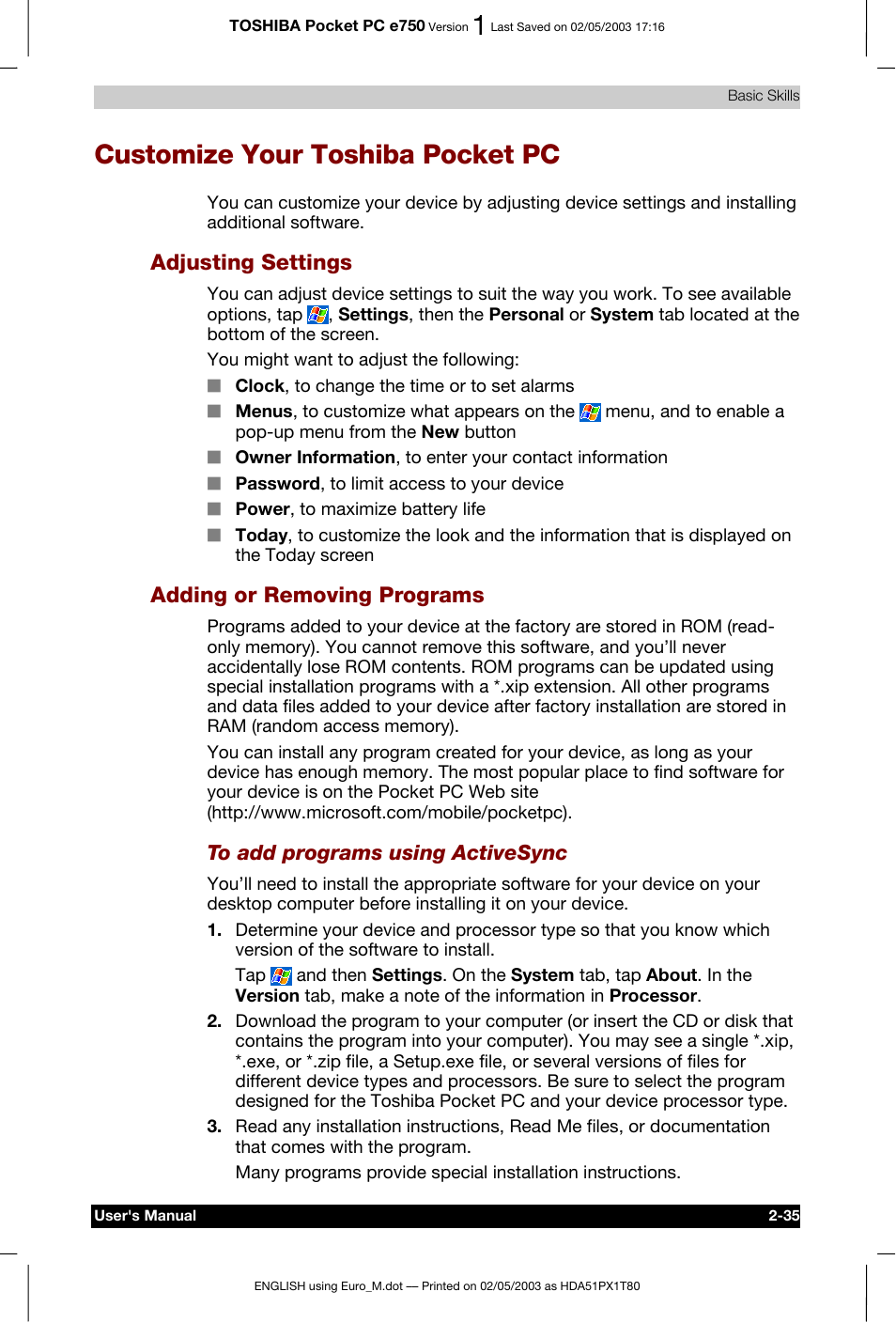 Customize your toshiba pocket pc, Adjusting settings, Adding or removing programs | Toshiba Pocket PC e750 User Manual | Page 58 / 215