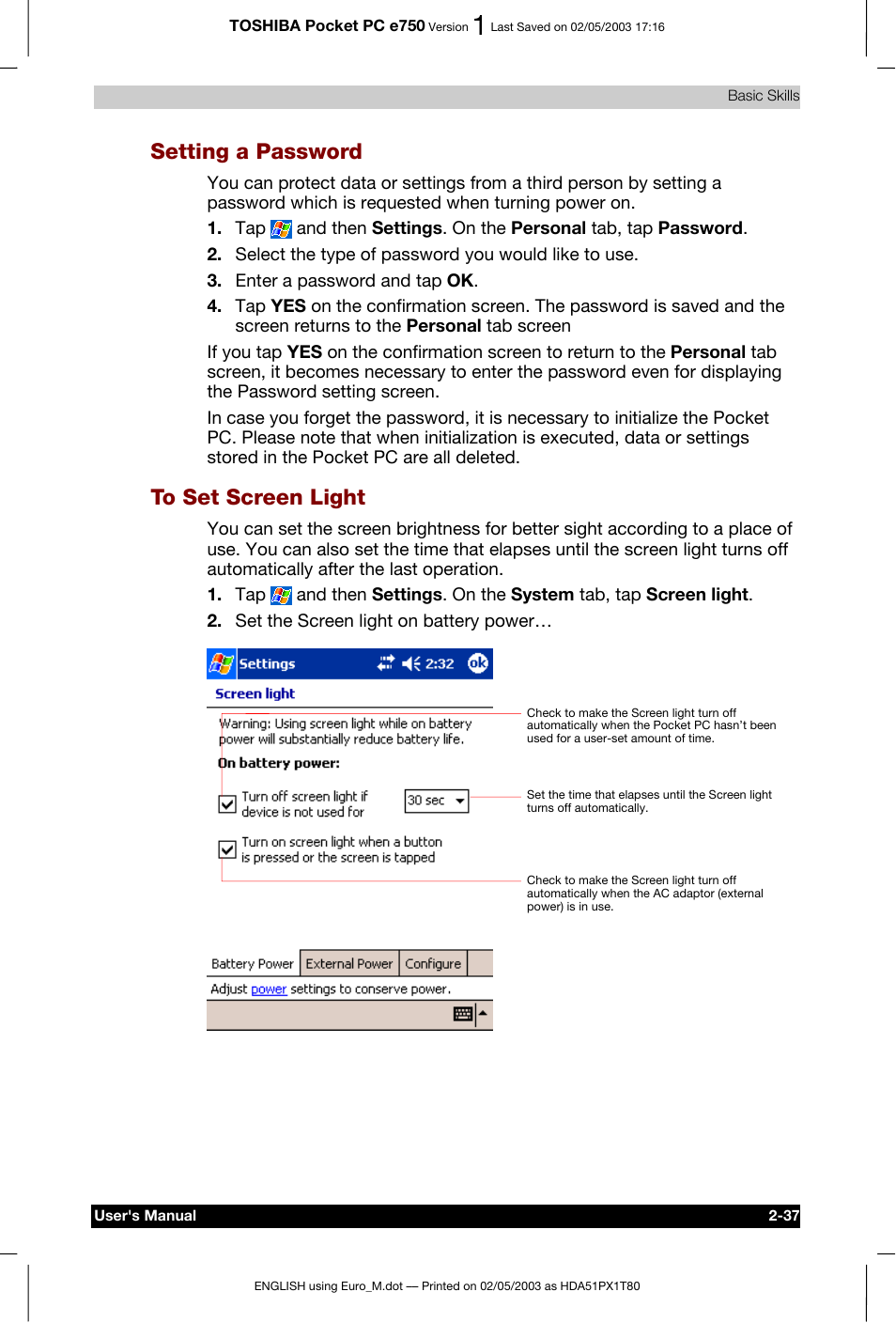 Setting a password | Toshiba Pocket PC e750 User Manual | Page 60 / 215