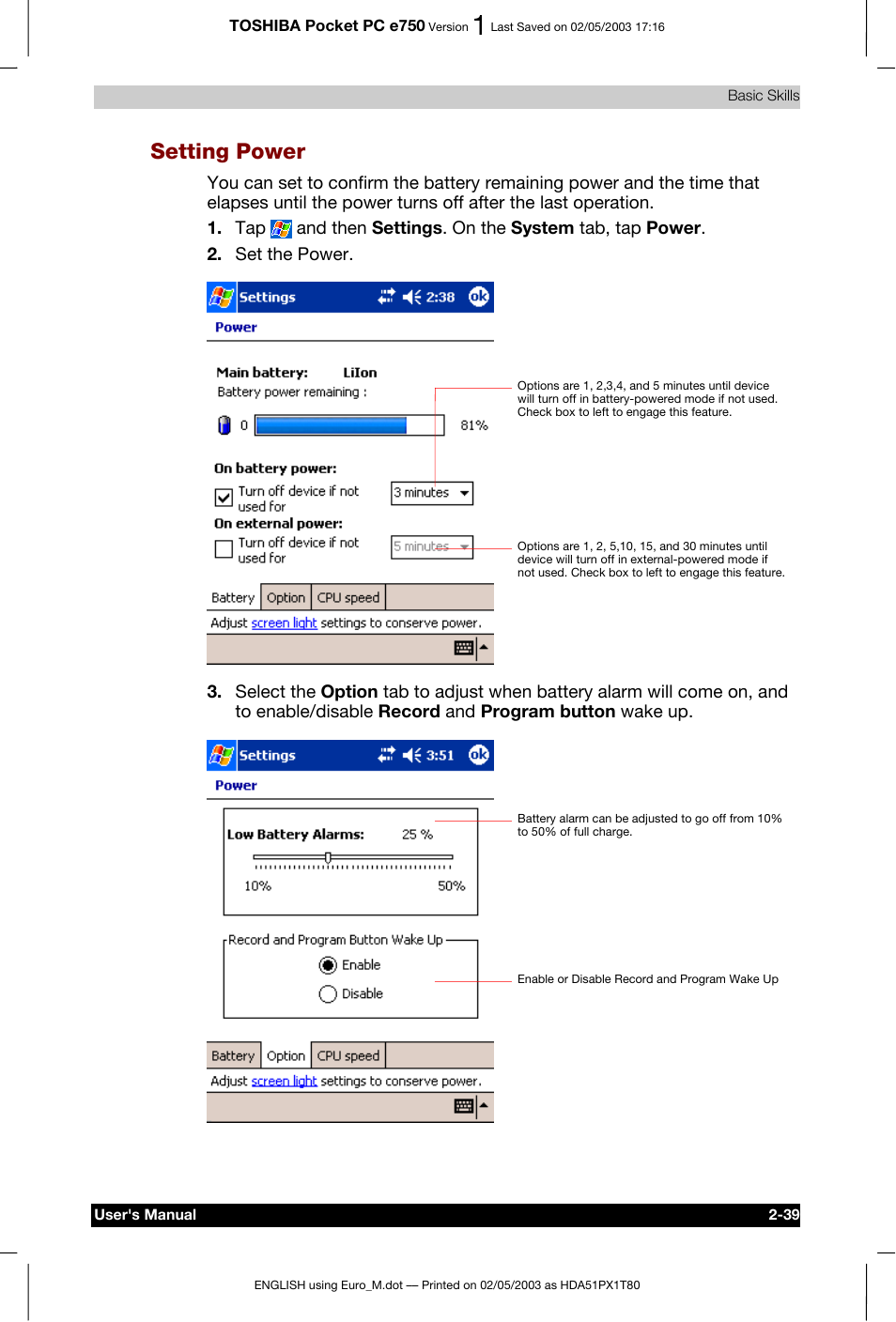 Setting power | Toshiba Pocket PC e750 User Manual | Page 62 / 215