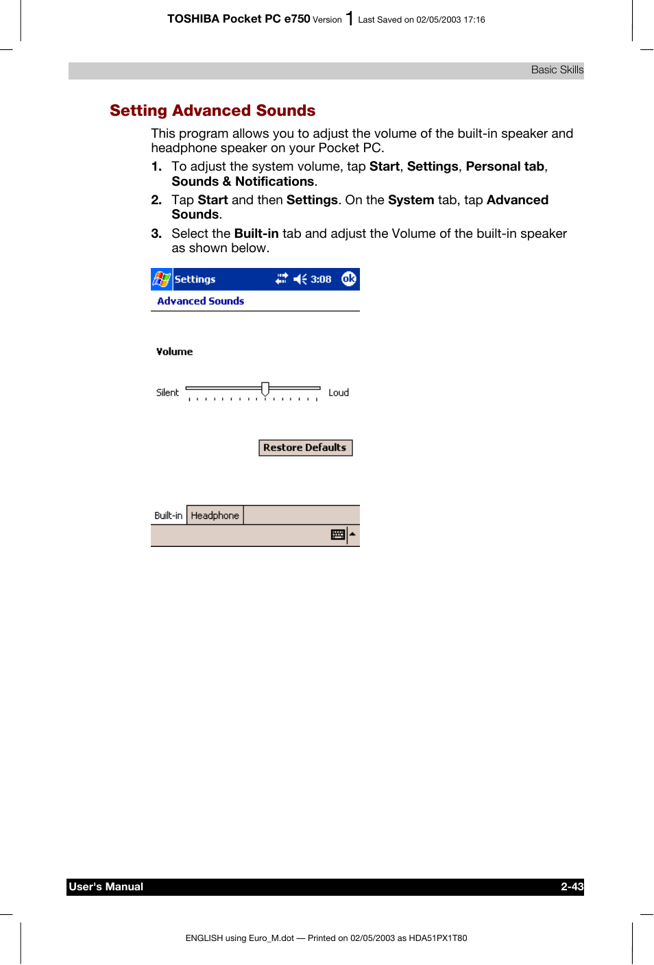 Setting advanced sounds | Toshiba Pocket PC e750 User Manual | Page 66 / 215