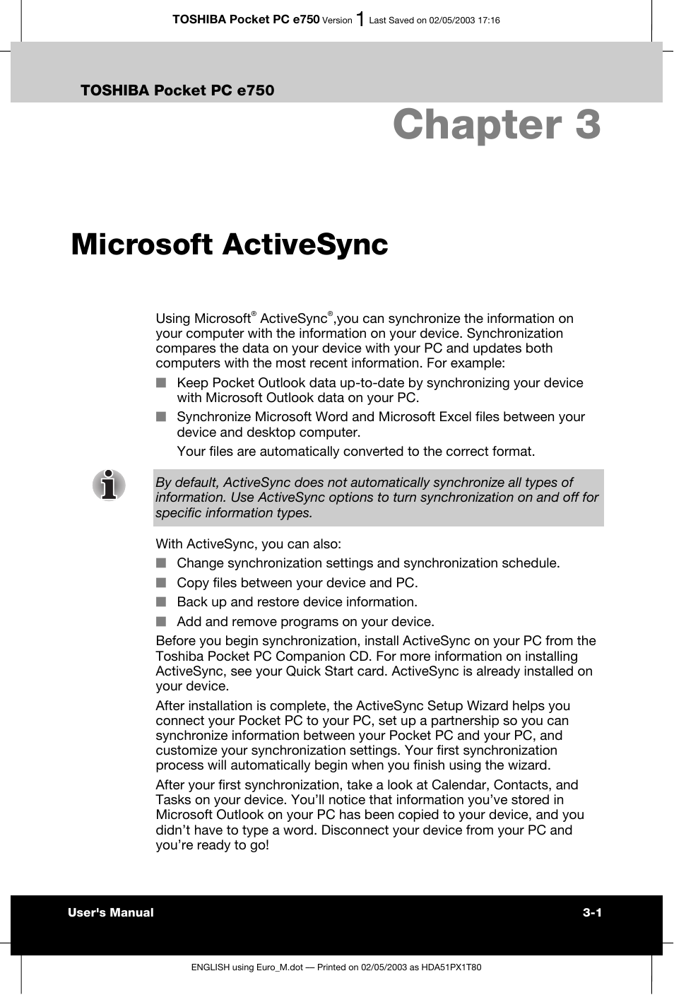 Chapter 3 microsoft activesync, Chapter 3, Microsoft activesync | Toshiba Pocket PC e750 User Manual | Page 68 / 215