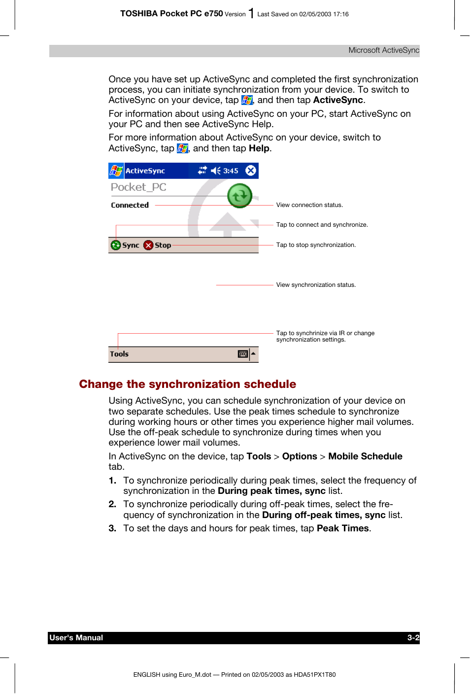 Change the synchronization schedule | Toshiba Pocket PC e750 User Manual | Page 69 / 215