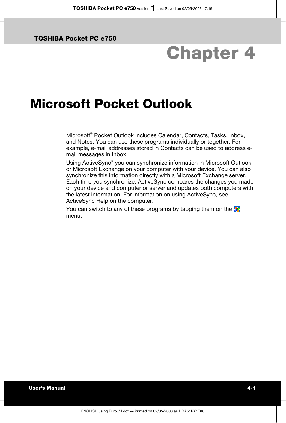 Chapter 4 microsoft pocket outlook, Chapter 4, Microsoft pocket outlook | Toshiba Pocket PC e750 User Manual | Page 70 / 215