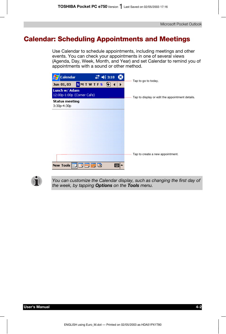 Calendar: scheduling appointments and meetings | Toshiba Pocket PC e750 User Manual | Page 71 / 215