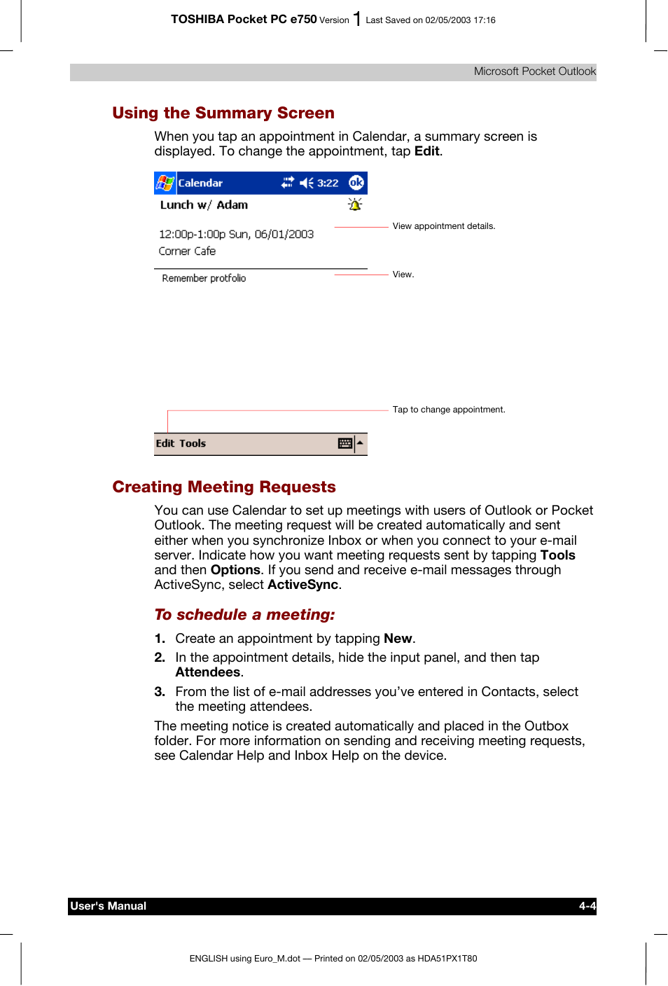 Using the summary screen, Creating meeting requests | Toshiba Pocket PC e750 User Manual | Page 73 / 215