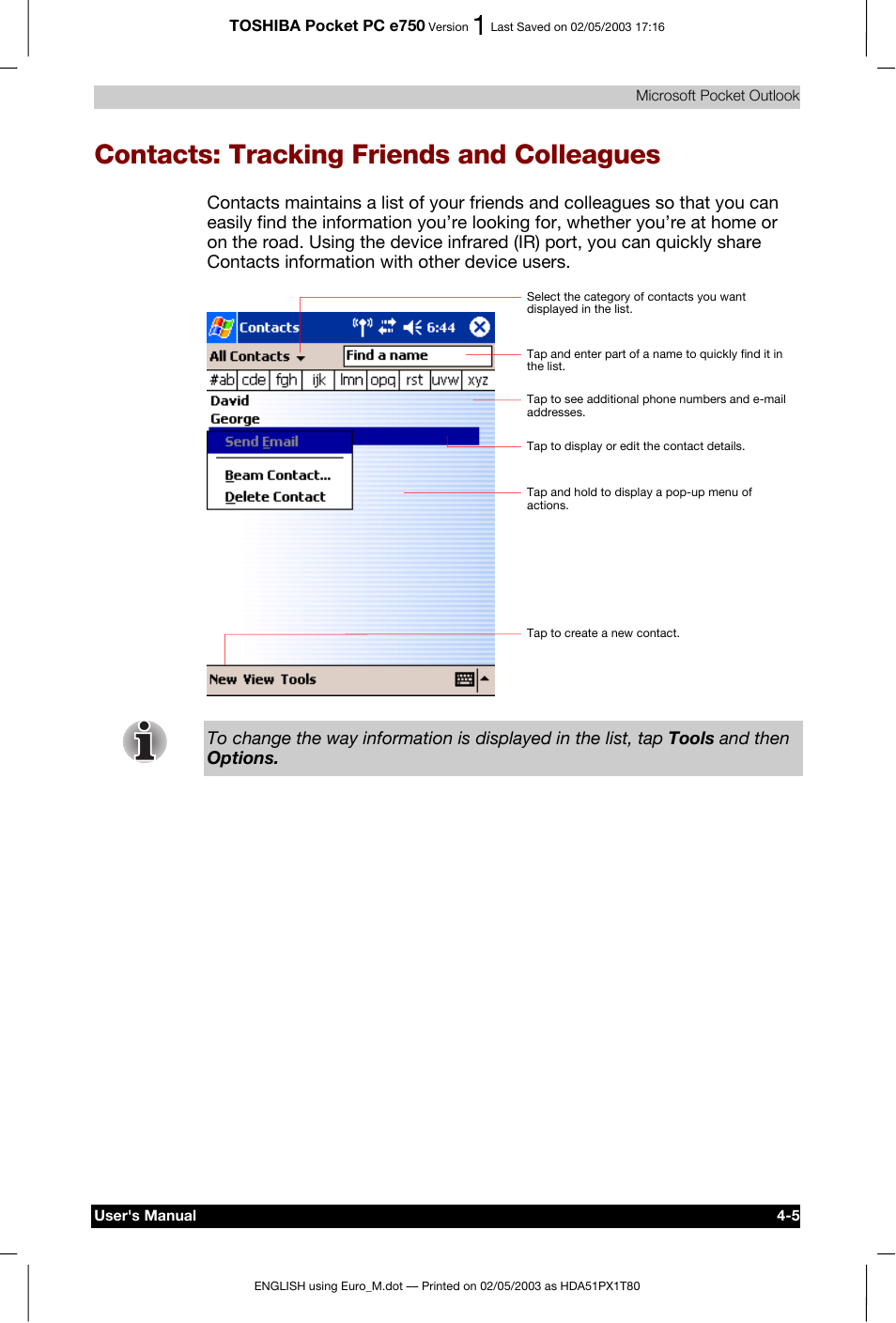 Contacts: tracking friends and colleagues | Toshiba Pocket PC e750 User Manual | Page 74 / 215