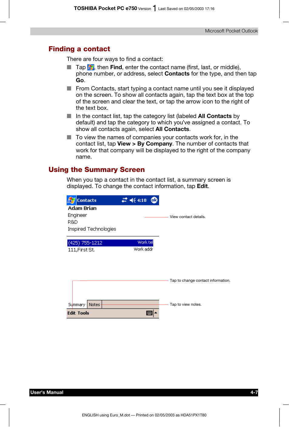 Finding a contact, Using the summary screen | Toshiba Pocket PC e750 User Manual | Page 76 / 215