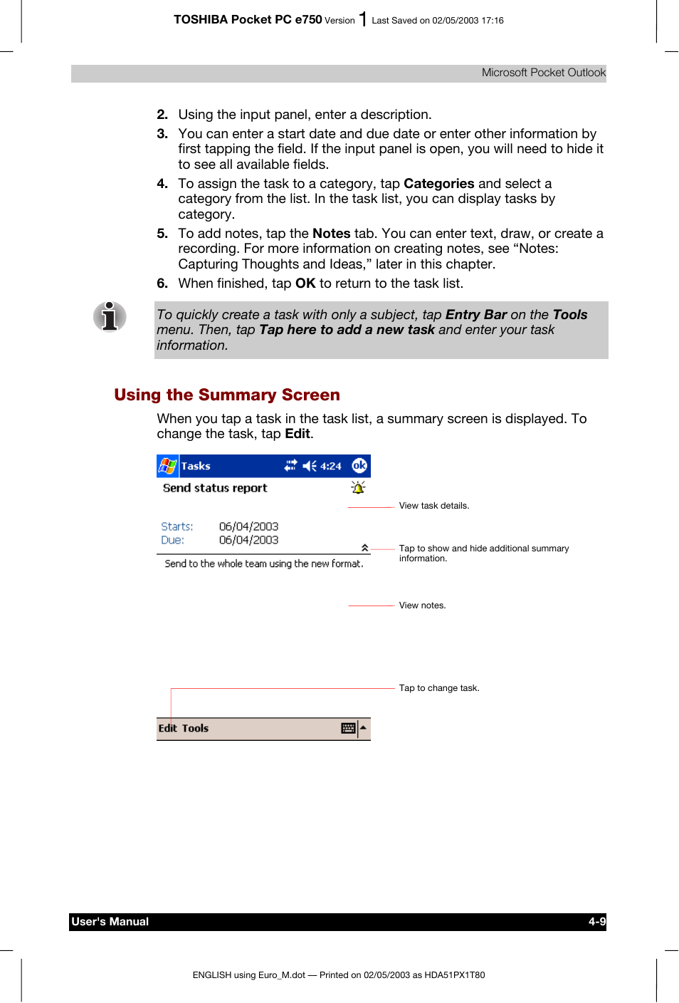 Using the summary screen | Toshiba Pocket PC e750 User Manual | Page 78 / 215