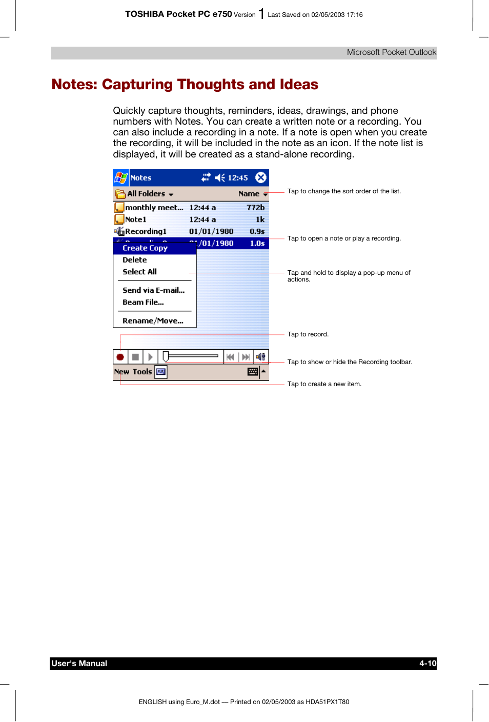 Notes: capturing thoughts and ideas | Toshiba Pocket PC e750 User Manual | Page 79 / 215