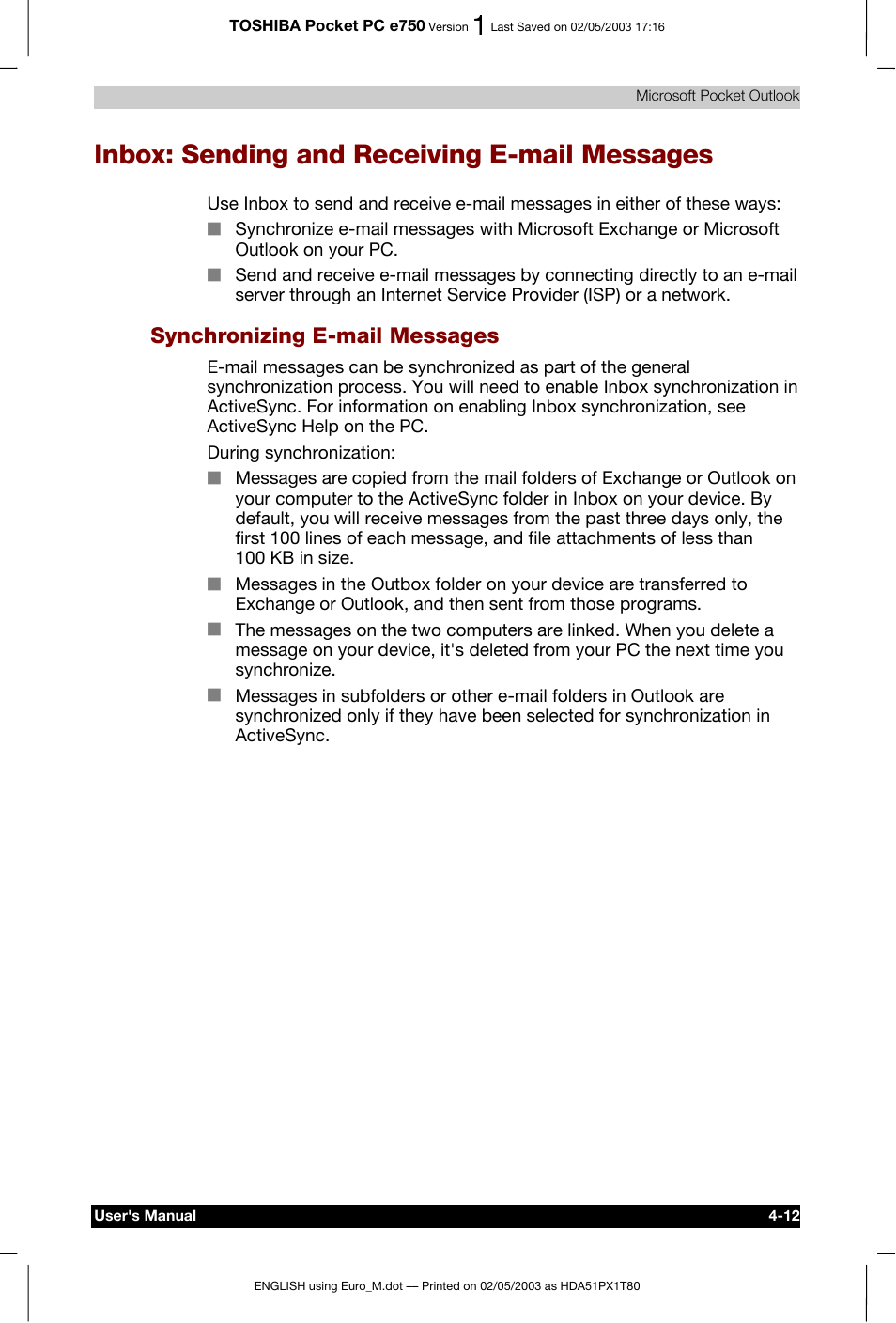 Inbox: sending and receiving e-mail messages, Synchronizing e-mail messages | Toshiba Pocket PC e750 User Manual | Page 81 / 215