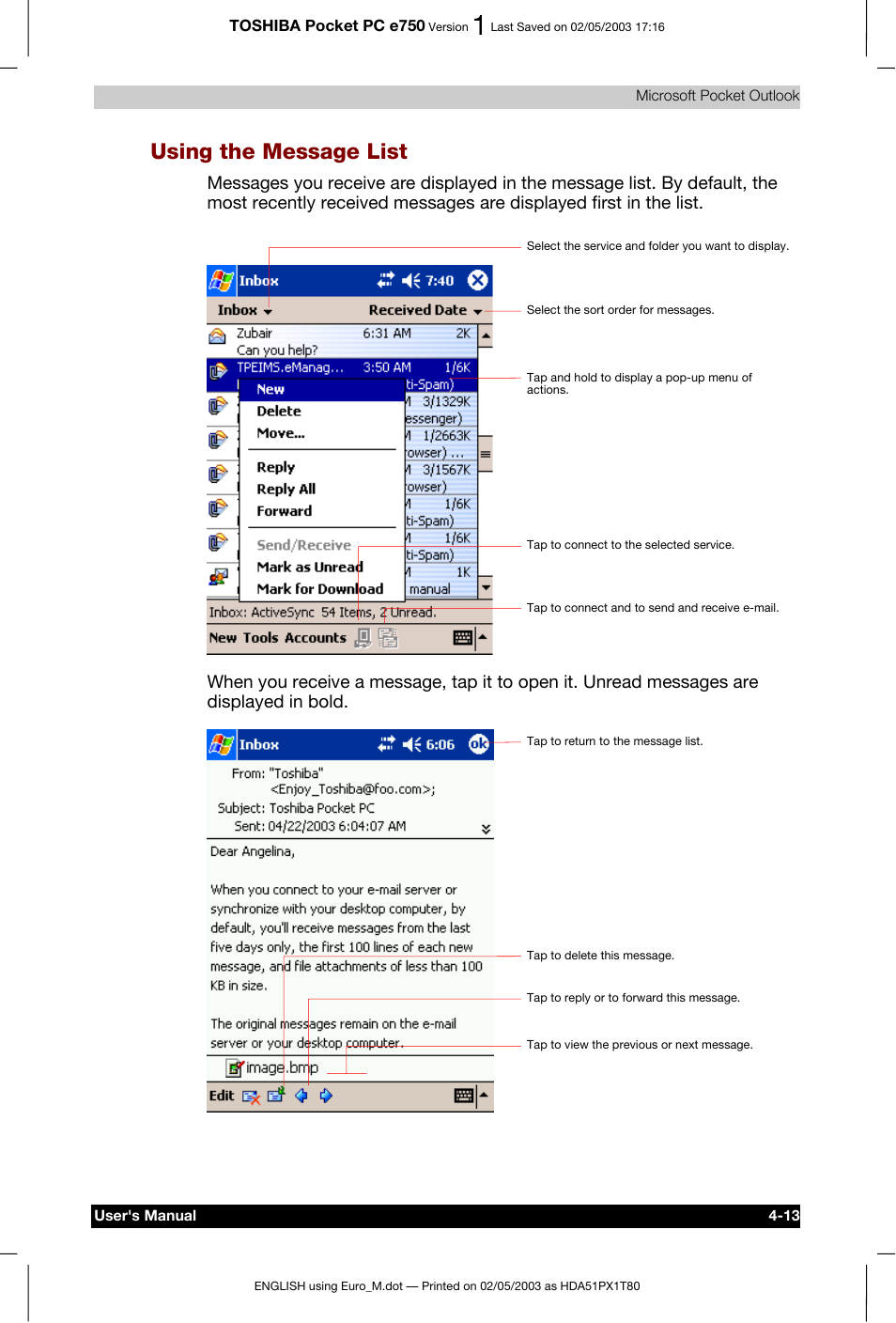 Using the message list | Toshiba Pocket PC e750 User Manual | Page 82 / 215